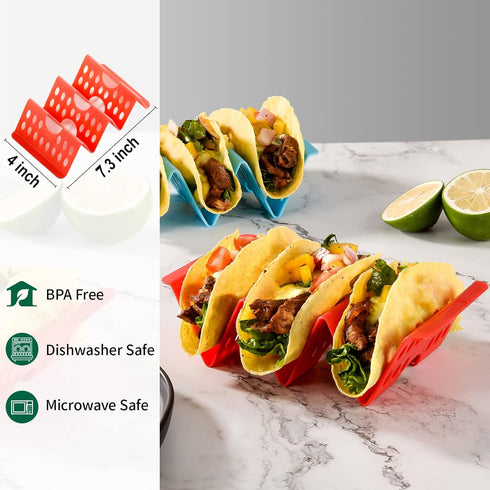 Premium Large Taco Holder Stand, Colorful Holders Set of 6 or 4 for 3 Tacos, Soft or Hard Shell Holder, Street Rack, Tray Plates, BPA Free, Dishwasher&Microwave Safe