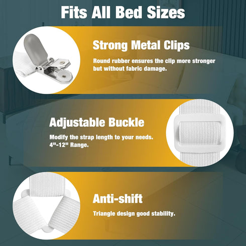 4 Pack Adjustable Elastic Straps with Metal Clips, Bed Sheet Fasteners in Assorted Four Sizes, Bedding Suspenders