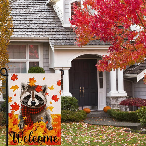 Welcome Fall Maple Leaves Garden Flag, 12.5x18 Inch Double Sided Seasonal Raccoon Outdoor Decoration for Autumn