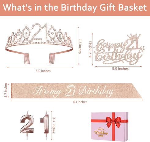 21st Birthday Decorations for Her, Sash and Tiara, Cake Topper, Candles, Gifts for 21 Year Old