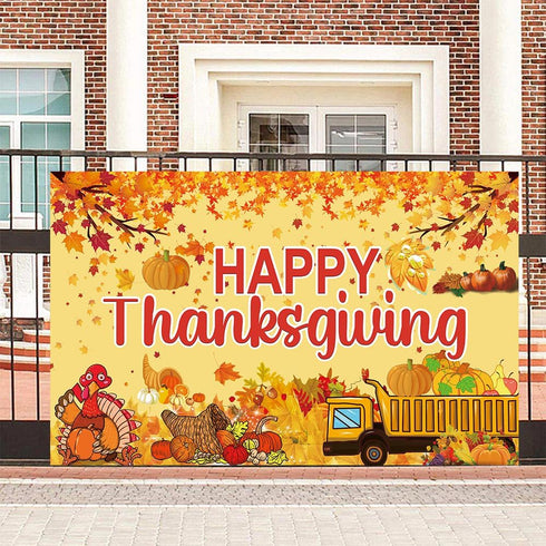 Famoby Happy Thanksgiving Fabric Sign Poster Banner, Pumpkin Turkey Maple Leaf Pattern for Photo Booth