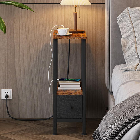 1 1 VIMBER Narrow Side Table for Small Spaces, Skinny End Table with Charging Station, Sofa Beside Table with Drawer