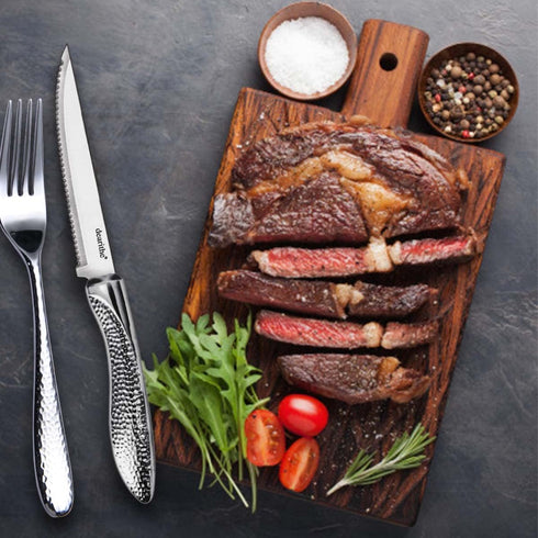 Steak Knives Set of 6, Stainless Steel Serrated Blade, Hammered Pattern Handle, 4.5 In, Dishwasher Safe for Kitchen