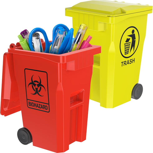 Wiosi Mini Garbage Trash Pen Holder, Tiny Recycle Bin for Desk, Red & Yellow, Pack of 2, Ideal for Student Work