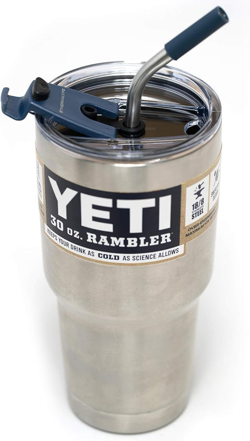Spill Proof Tumbler Lid with Angled Stainless Steel Straw + Silicone Tip + Cleaning Brush for Yeti Rambler or Ozark