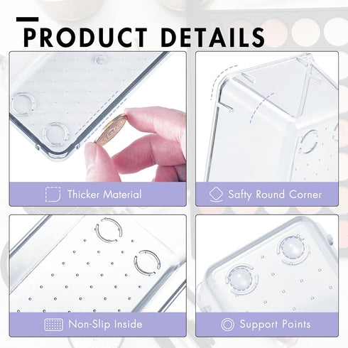HOUSE DAY 8 PCS Desk Drawer Organizer Bins, 9*3*2" Clear Organizers with Silicone Pads for Makeup, Kitchen, Office