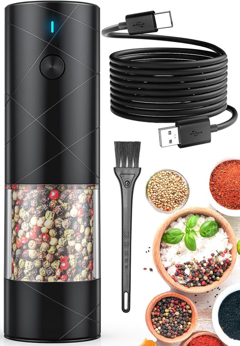 Electric Salt and Pepper Grinder, USB Rechargeable with Warm LED Light, Adjustable Coarseness, Large Capacity, Black