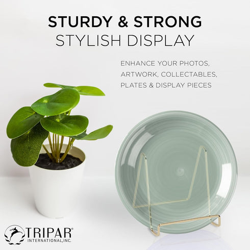 TRIPAR Square Metal Wire Stand, Brass Finish, 4-Inch Depth Tabletop Easel for Books, Plates, Photos & More