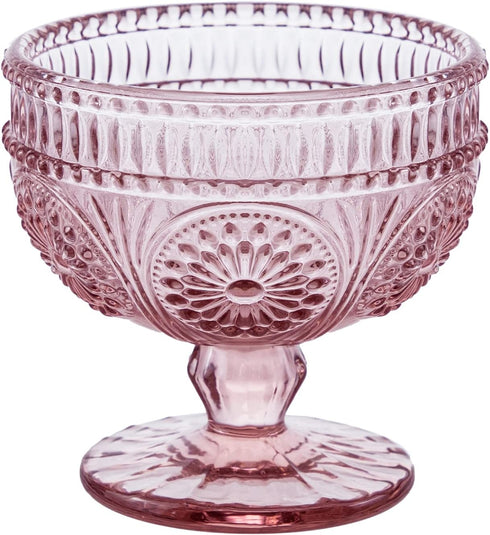 Vintage Flower Embossed Glass Footed Dessert Bowl, Ice Cream, Trifle, Salad, Candy, Cake Bowl for Home Party, 9oz-Pink