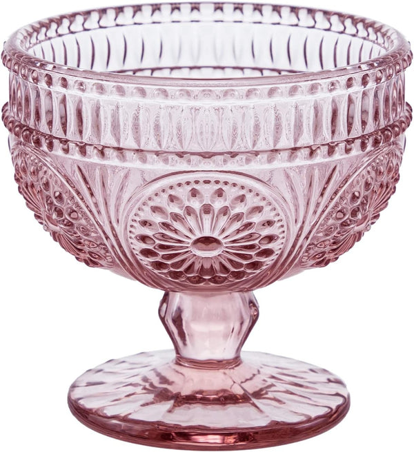 Vintage Flower Embossed Glass Footed Dessert Bowl, Ice Cream, Trifle, Salad, Candy, Cake Bowl for Home Party, 9oz-Pink