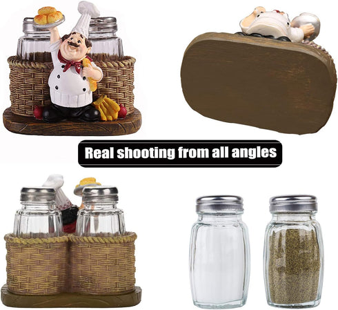 Salt and Pepper Shakers Set, Sitting Chef Decorative Statue Spice Organizer, Glass Spice Jars with Holder Gift for