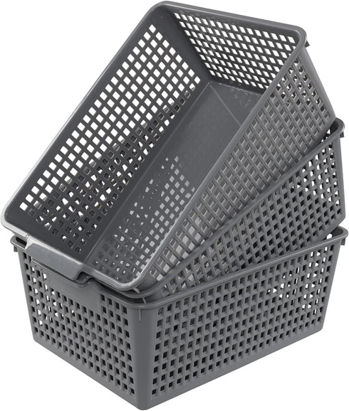 Plastic Organizing Baskets, Set of 3 Large Open Storage Bins