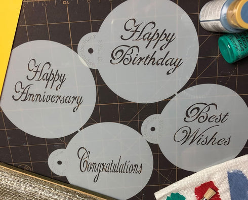 Designer Stencils Script Celebration Cake Stencils Set, Beige/Semi-Transparent