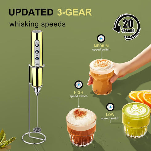 YUSWKO Champagne Gold Handheld Milk Frother Wand with Stand, Rechargeable Electric Whisk, 3 Heads, 3 Speeds