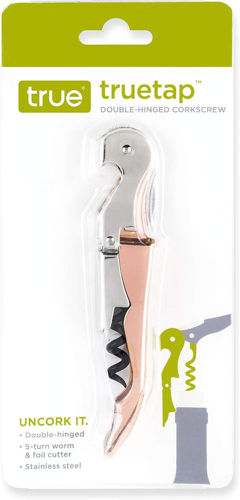 True Brands TrueTap Double Hinged Waiters Corkscrew, Stainless Steel Wine Key with Foil Cutter, Copper