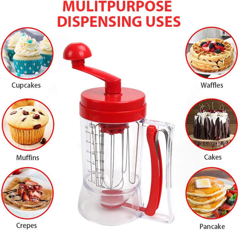 Batter Dispenser 3 In 1 Automatic Pancake & Cupcake Dispenser with Cake Mould, BPA-Free Food-Grade (Red)