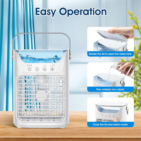 USB Powered Air Conditioner Fan, 700ML Automatic Timing Portable Cooler Humidifier with 7 Color Night Light, 3 Wind