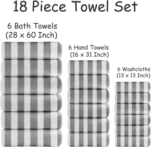 18 Set Loop-6 Towels,6 Towels,6 Set Pcs Light Gray Stripe Bath Towel with Hanging Bath Hand Washcloths Soft Family