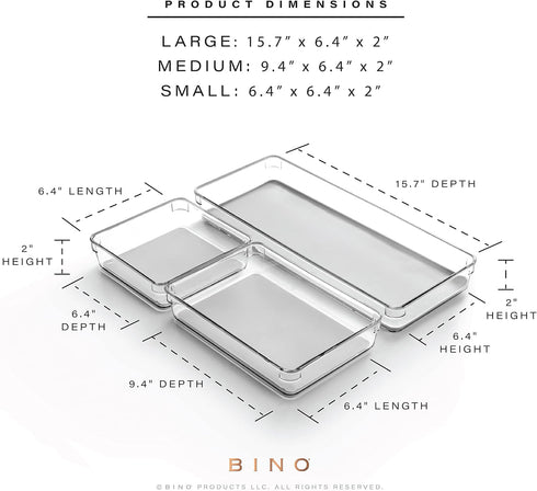 BINO 3-Piece Drawer Organizer Bin Set - Grey, Large, Multi-Purpose Storage with Soft-Grip Lining and Non-Slip Rubber