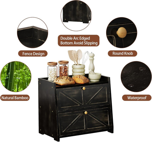 Counter Trironsun Vintage Double Layer Bread Box for Kitchen Bamboo Bread Storage Container Large Capacity Bread