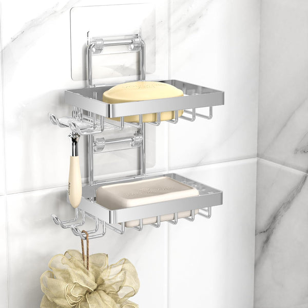Moforoco Silver Double Soap Bar Holder for Shower, No Drilling Rustproof Stainless