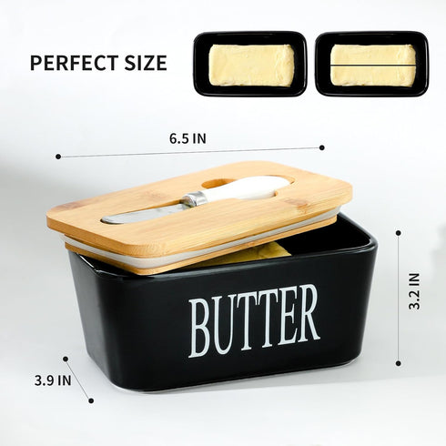 Hasense Butter Dish with Lid, Large Black Ceramic Butter Keeper with Knife for Countertop, Airtight Refrigerator Storage