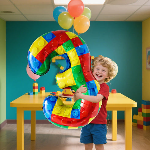 Lmuwecno 32 Inch 3 3) Stackable Block Number Balloon Colorful Brick Building Themed Big Helium Digits for Kids Birthday