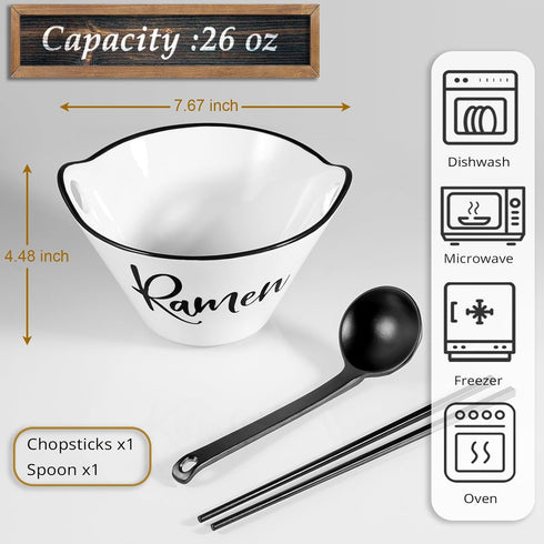 Ceramic Ramen Bowl with Chopsticks and Spoon, 26 oz Farmhouse Deep Japanese Noodle Bowl for Udon, Soba, Pho, Rice and Soup, Microwave and Dishwasher Safe, White by DAYYET