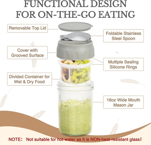 16oz (2 Set-Smoke SOLIGT Overnight Oats Containers with Lids, Folding Spoons and Divided Compartment for Fruit & Nuts