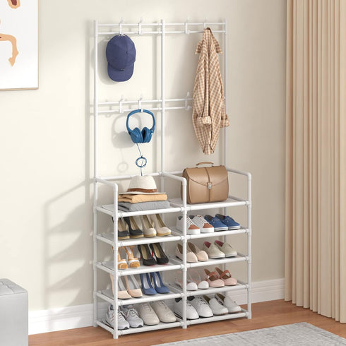 Laiensia 5-Tier Entryway Coat Rack - Coat and Shoe Rack with 8 Hooks for Bedroom, Hallway, Office - White