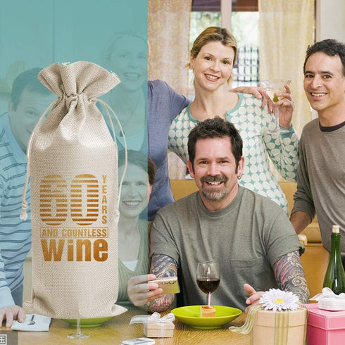 LONLONBANG Funny 60th Birthday Gift Wine Bags, Personalized Bday Gift Ideas for Women, Men, Cotton Burlap Bag