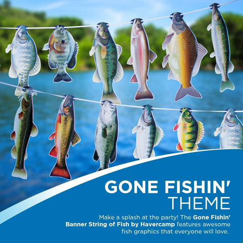 Havercamp Gone Fishin String Hanging Banner for Fish Fry, Bass Fishing, Freshwater & Salt Water Tournament Decor