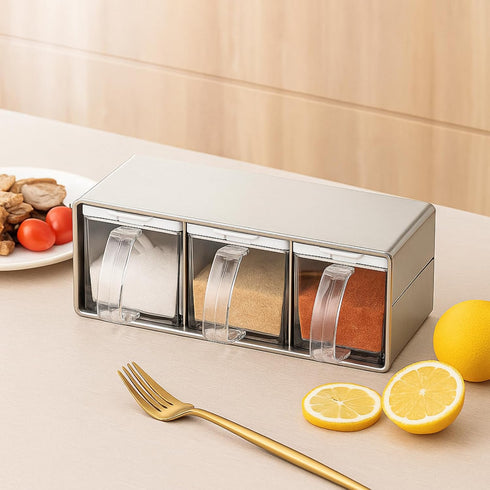 3 ZENFUN Grids Seasoning Organizer Box, Stainless Steel Salt Container with Lid and Spoon, Seasoning Containers