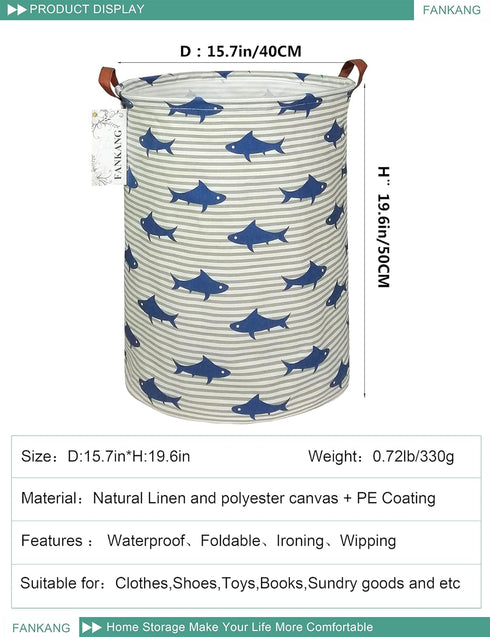 FANKANG Storage Basket, Nursery Hamper Canvas Laundry Basket, Large Foldable for Kids, Office, Clothes, Toys (Shark)