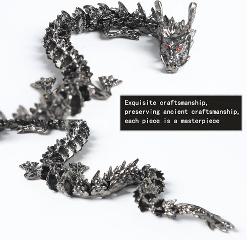 LIYAOLI 3D 9 Inch Metal Printed Articulated Chinese Dragon Figurine Statue Bookshelf Decor Black Flexible Joints Luck