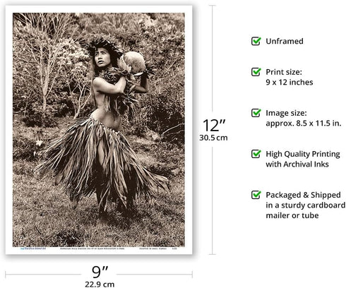 Hawaiian Hula Dancer Ipu (Gourd Drum) IV - Vintage B&W Photograph by Alan Houghton c.1960s - Master Art Print 9in x 12in