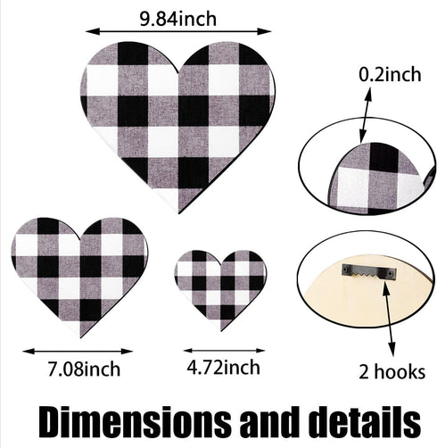 Jetec 3 Pcs Heart Shaped Wood Sign, Gray Purple Buffalo Plaid Decor, Wooden Heart Wall Sign, Rustic Hanging Love Plaque
