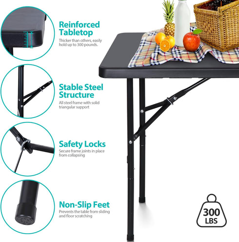 4ft ZENY Portable Folding Table Plastic Indoor Outdoor Picnic Party Camp Dining Table with Handle, Black