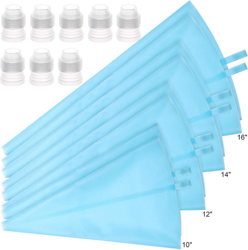 16 Pcs Reusable Pastry Piping Bags - Silicone Icing Bags with 8 Coupler for Cake Decorating, 10, 12, 14, 16 Inch