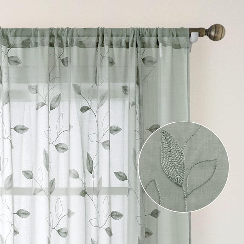 HOMEIDEAS Sage Green Sheer Curtains, 52 x 54 Inch Length, 2 Panels Embroidered Leaf Pattern for Bedroom and Kitchen