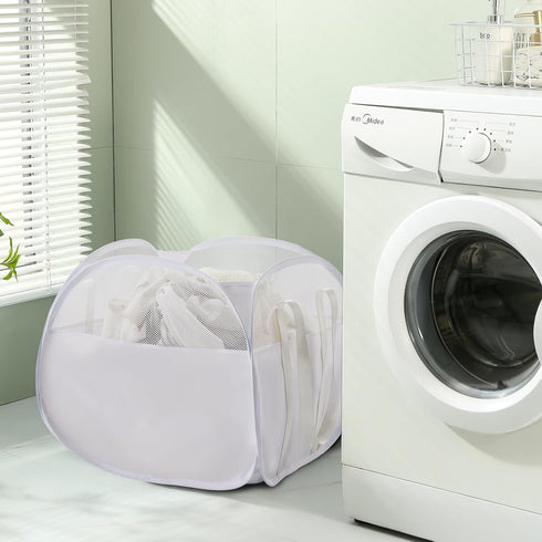 TECHMILLY Pop Up Foldable Laundry Basket, 90L Large Capacity Hamper for Dirty Clothes Storage, White