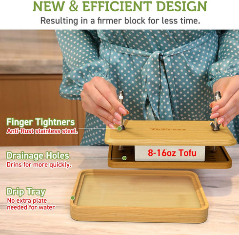 16oz, Bamboo Tofu Press, Built in Tofu Strainer and Drip Tray with Cheesecloth- Easily Remove Water from Tofu, Tofu