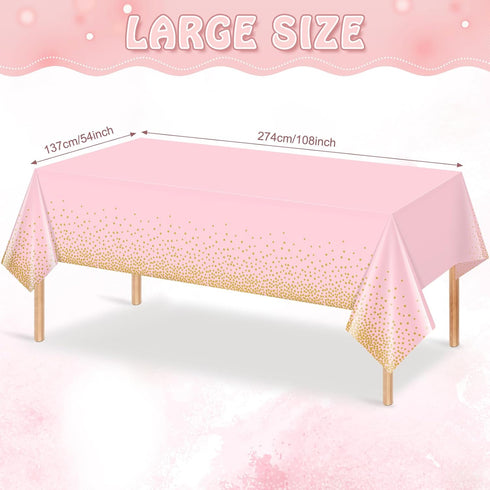 1 Pack 54x108" Pink and Gold Plastic Tablecloth for Parties, Pink Disposable Table Cloth for Rectangle Tables, Gold