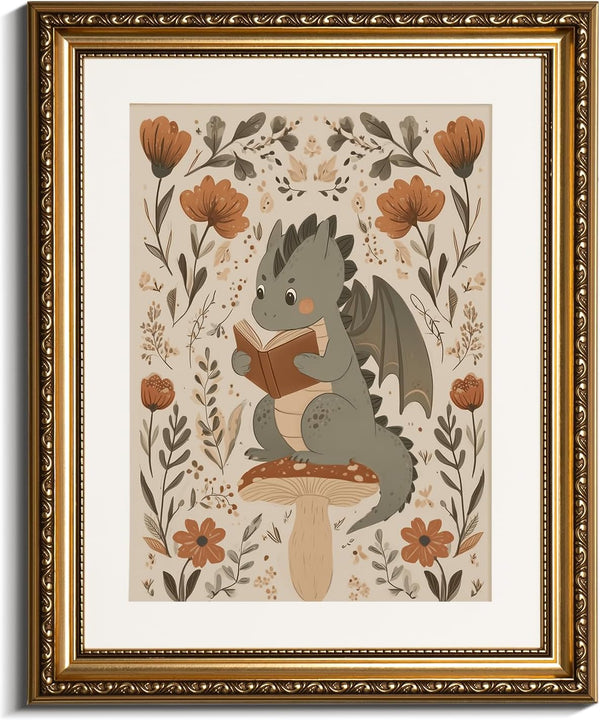 InSimSea gold framed art Cute Reading Dragon Wall Art, 16x13 Inch Framed