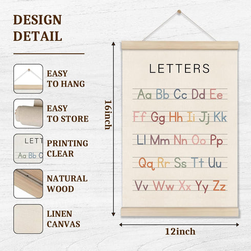 Set 3 16x12 Inch, of Alphabet Numbers Poster Hanger Frame, Preschool Learning Posters, Educational Canvas Wall Art