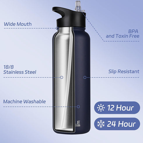 HASLE OUTFITTERS 40oz Stainless Steel Water Bottle, Vacuum Insulated Double Walled Leak Proof Sports Bottle with 2 Lids