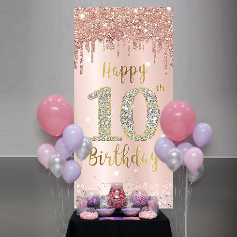 Happy 10th Birthday Door Banner Backdrop Decorations, Pink Rose Gold 10 Year Old Birthday Party Door Cover Sign Supplies