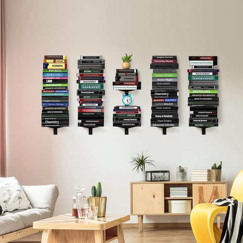 Invisible Floating Bookshelf for Wall Mounted - 4 Tier Vertical Spine Book Tower, Heavy-Duty Metal Organizers, 2 Pack