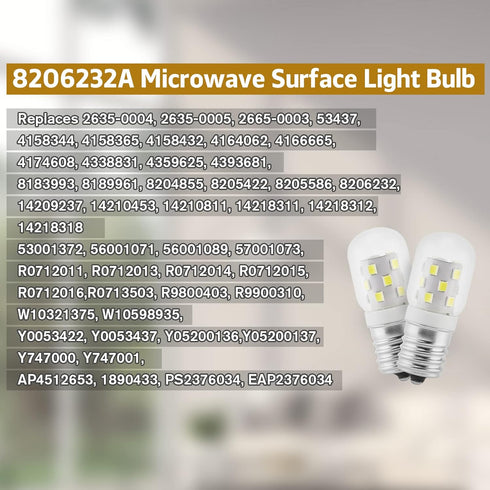 LED 8206232A Microwave Light Bulb (2 Pack) Replacement for Whirlpool Microwave 40w Light Bulb - 360LM