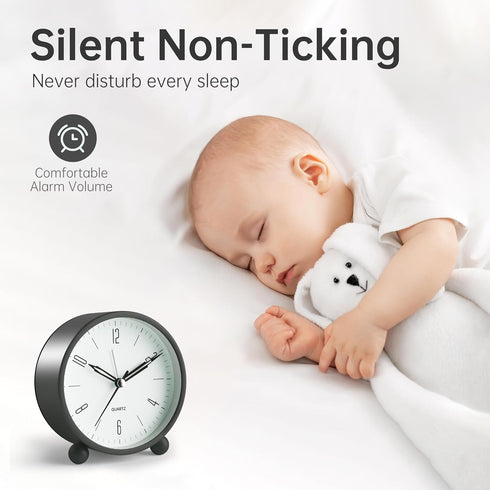 Analog Alarm Clock - 4 inch Super Silent Non Ticking Small Clock with Night Light, Battery Operated, Black Decor
